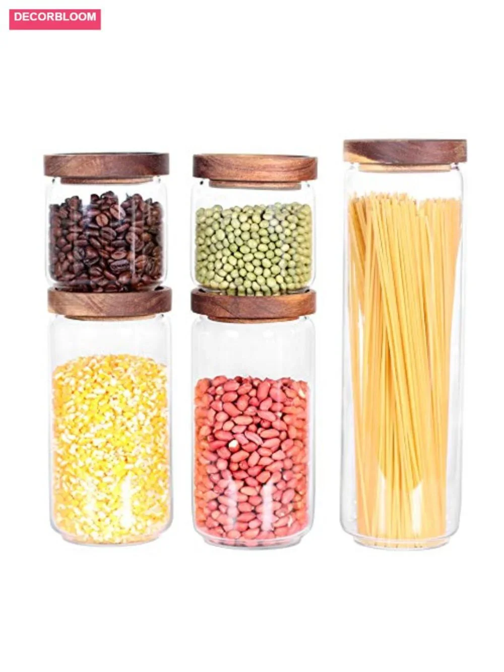 5-Piece Glass Canister Set with Airtight Acacia Wood Lids Kitchen Storage